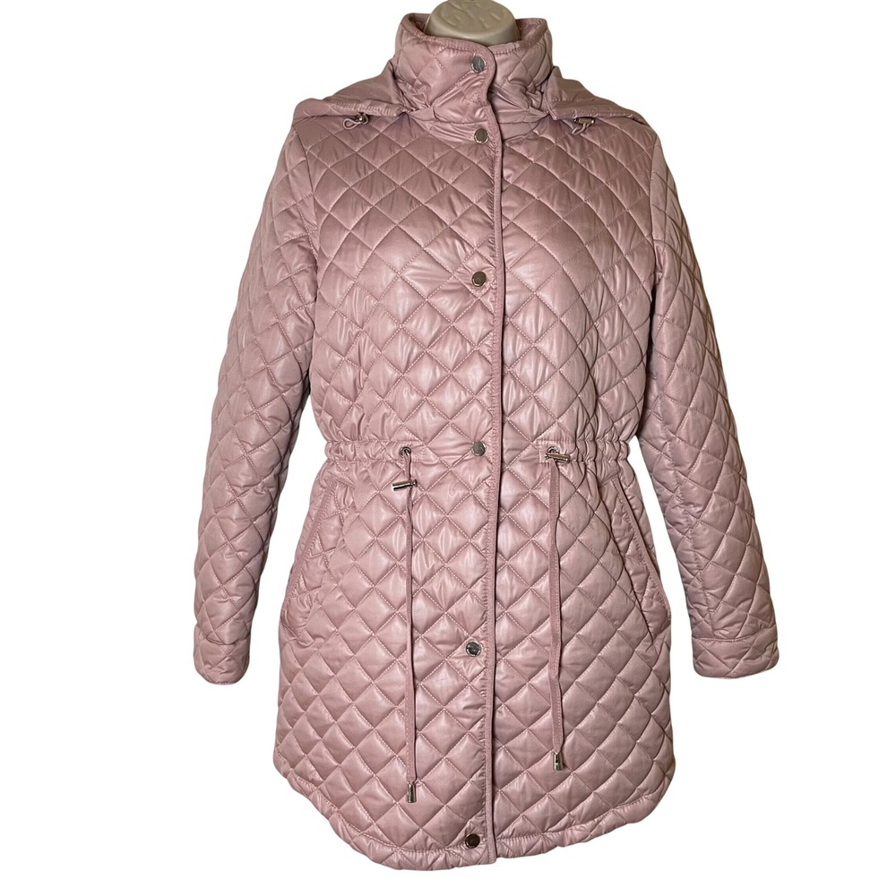 Kate Spade New York Pink Quilted Puffer Coat Hooded Drawstring Waist XS Flaw